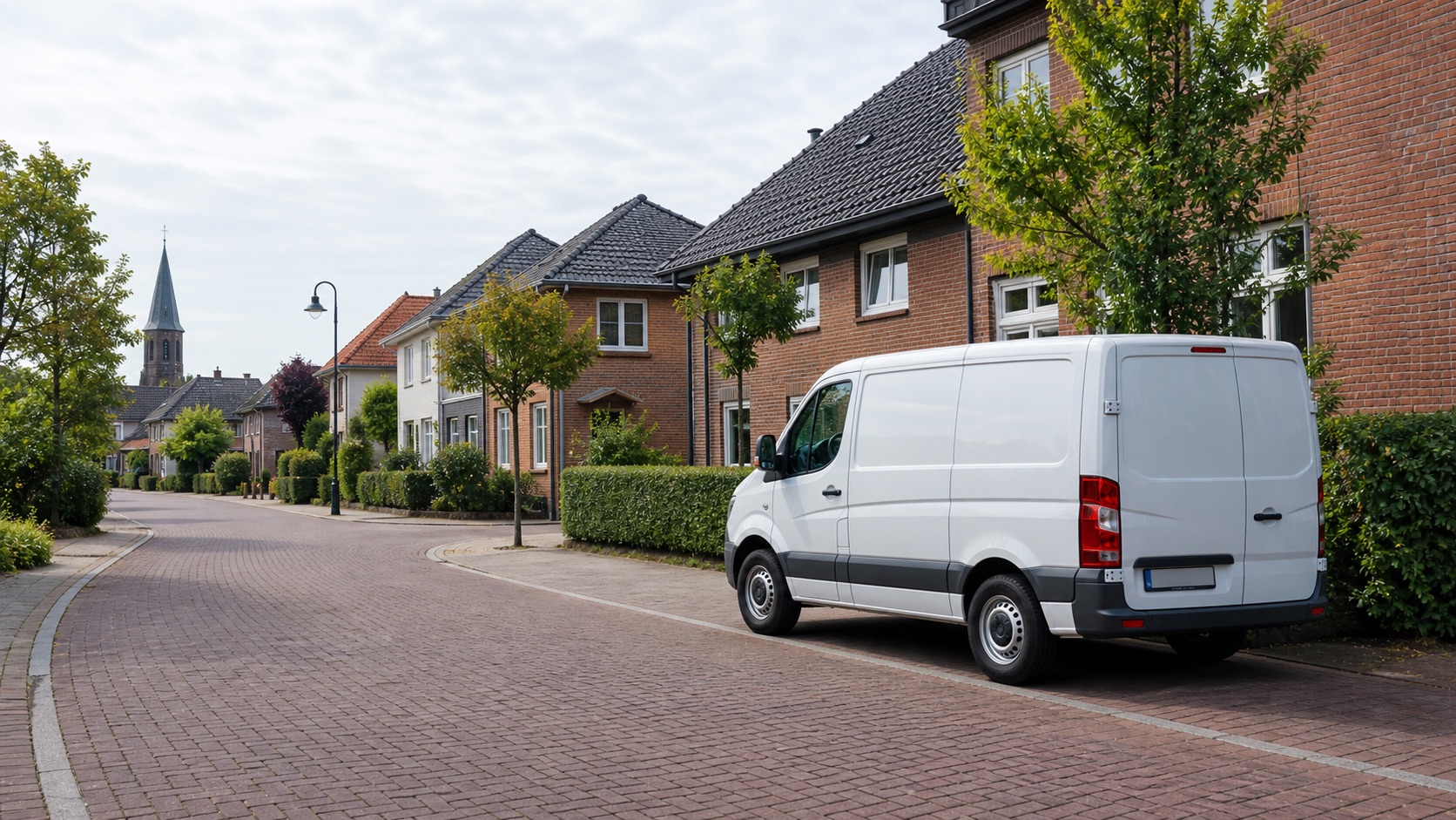 Regionale Straße am Niederrhein mit einem neutralen Servicefahrzeug