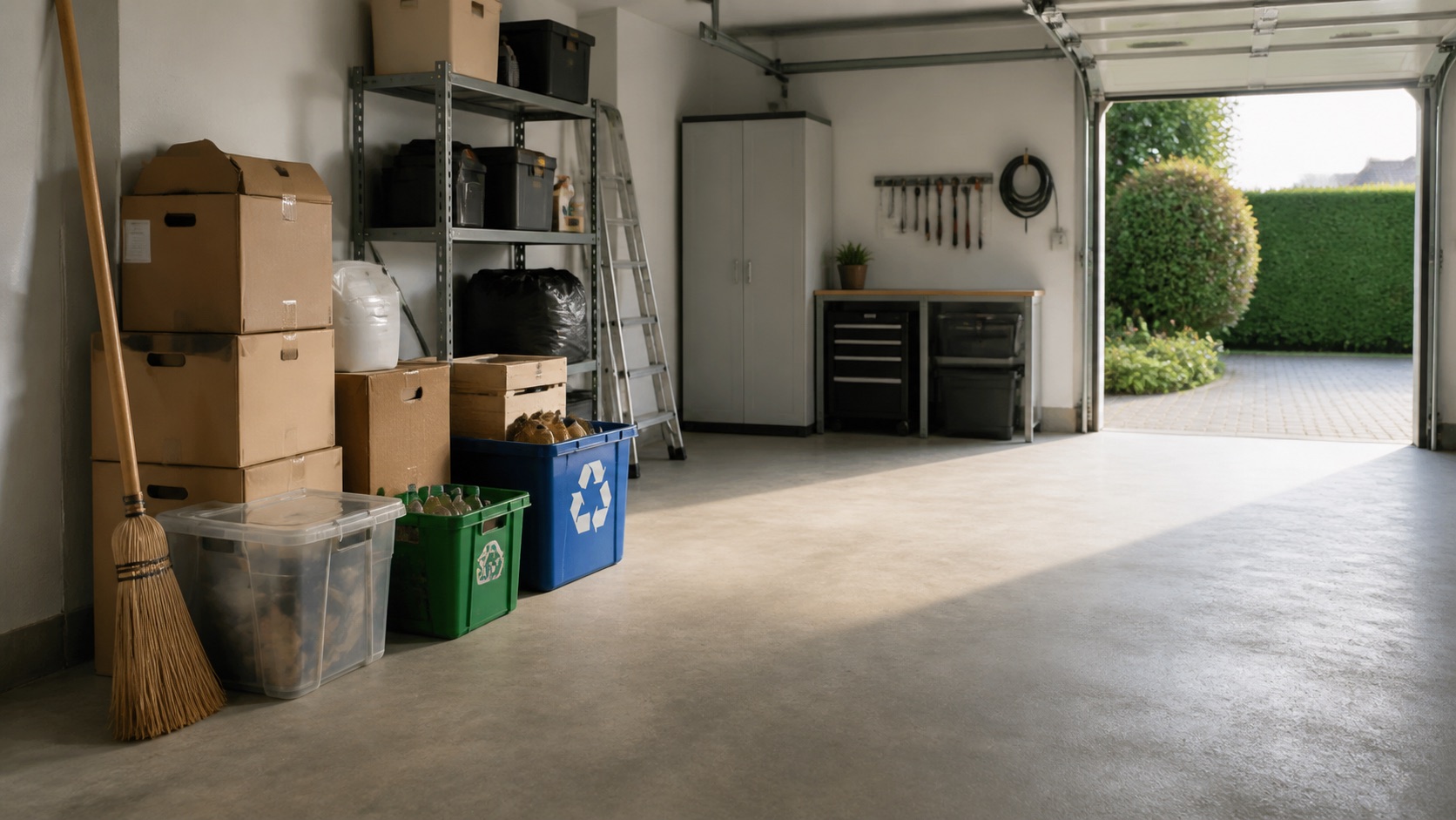 Aufgeräumte Garage mit sortierten Gegenständen zur Entsorgung