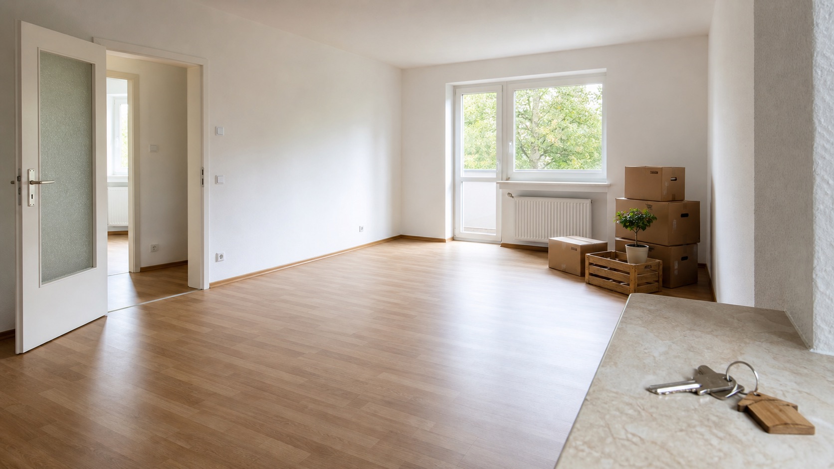 Besenrein geräumte Wohnung mit wenigen Kartons zur Übergabe